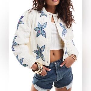 Free People Quilted Bomber Jacket with Blue Floral Stars